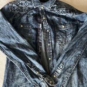 Denim Button-Up Shirt with Patterned Yoke